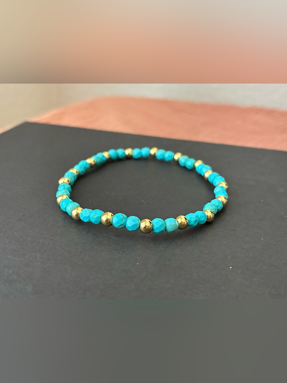 Turquoise Beaded Stretch Bracelet with Gold Accents